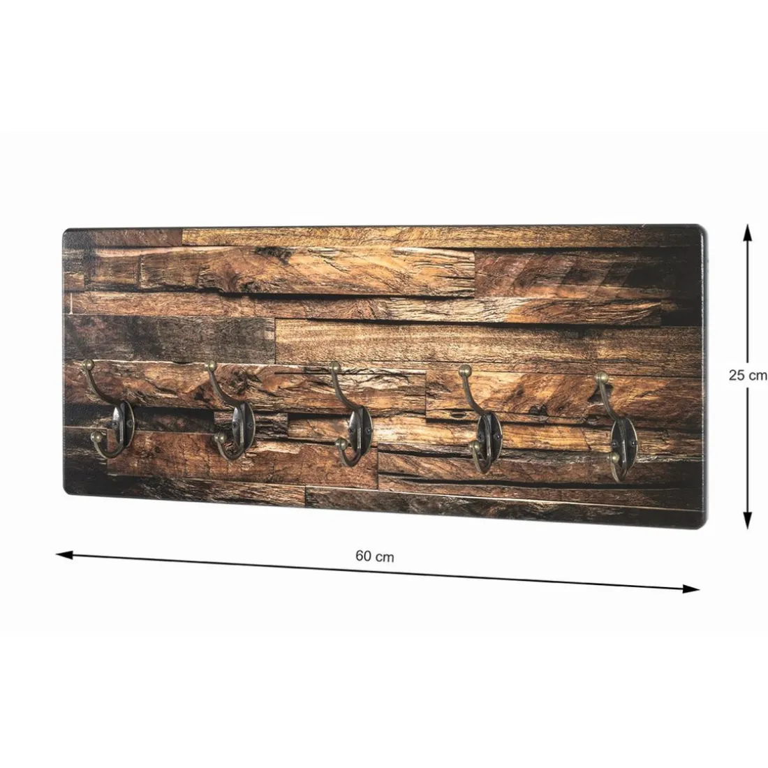 Garderobe murale MDF avec impression par Ultra Violet motif parquet Bronze et 5 crochets en Métal Noir