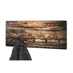 Garderobe murale MDF avec impression par Ultra Violet motif parquet Bronze et 5 crochets en Métal Noir
