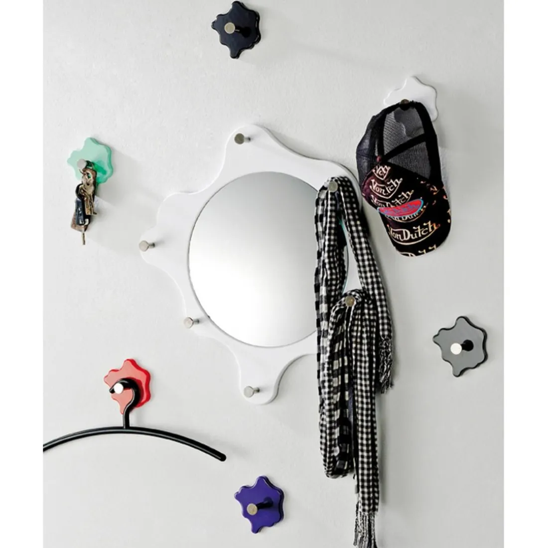 Garderobe murale ronde avec miroir 6 crochets en acier