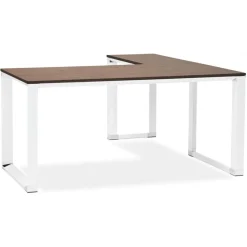 Grand bureau de direction en angle 'XLINE' en bois finition Noyer et structure blanche