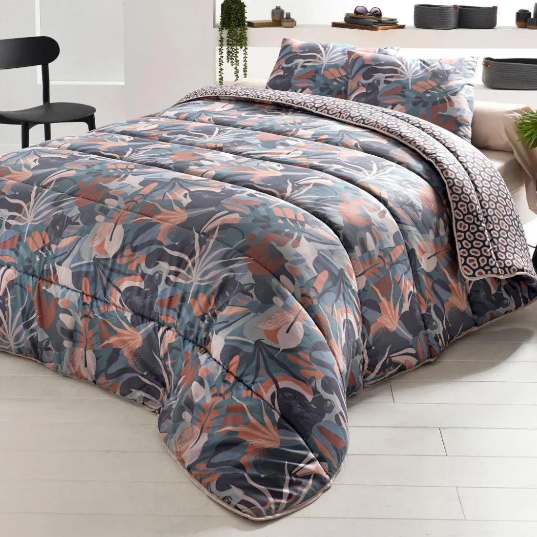 Housse de couette chaude DÉCO DOUBLE FACE CO.PANTERA motif panthère bleu 200G 400G