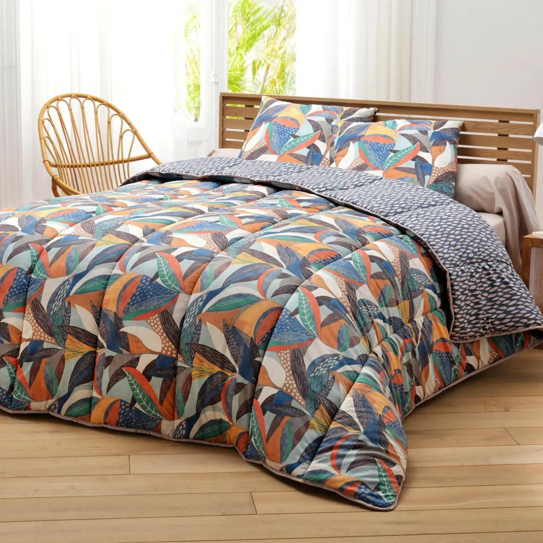 Housse de Couette DÉCO DOUBLE FACE motif feuillage - CO.NATURA- chaude vert 400G