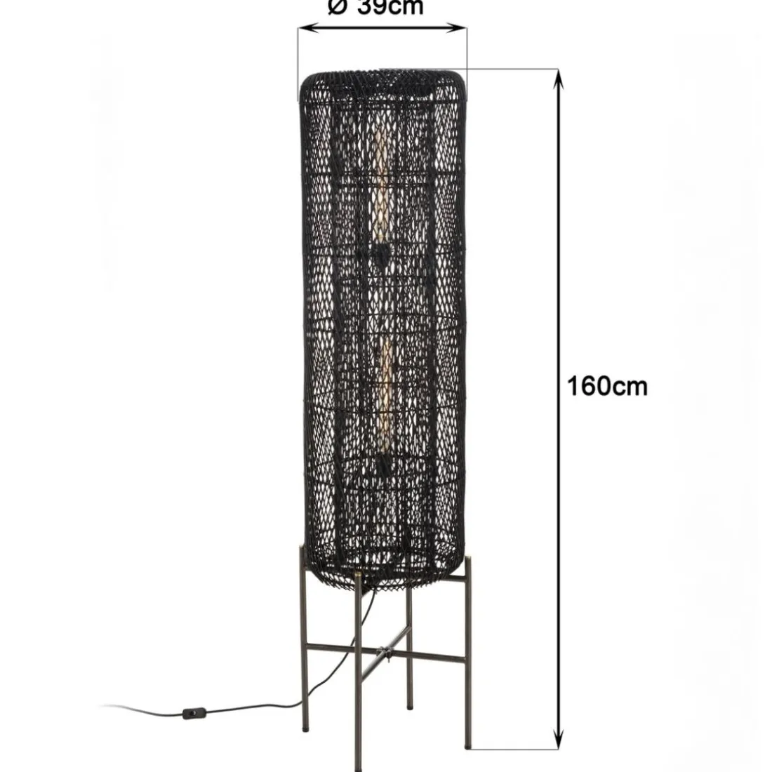 Lampadaire rotin couleur noire pieds acier SIXTINE