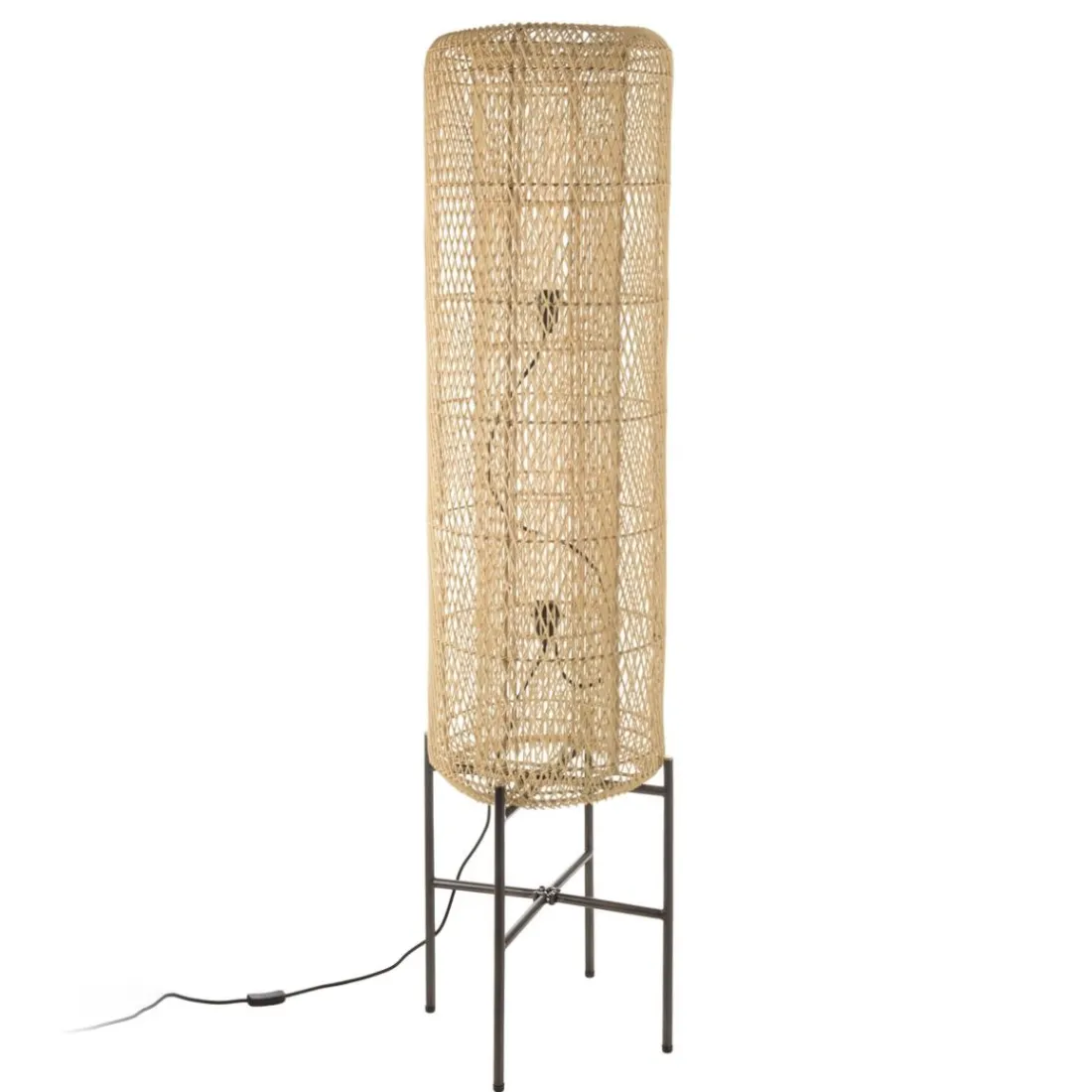 Lampadaire rotin naturel pieds acier noir SIXTINE