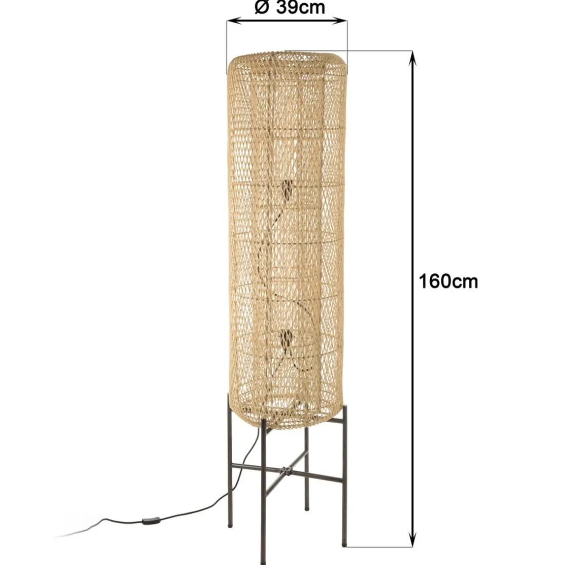 Lampadaire rotin naturel pieds acier noir SIXTINE