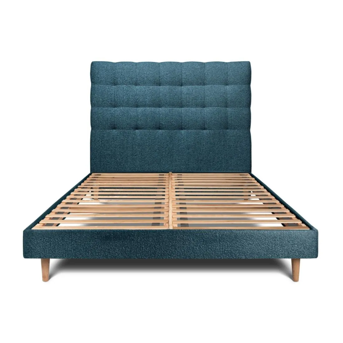 Lit avec tête de lit capitonnee bouclette et sommier kit Bleu