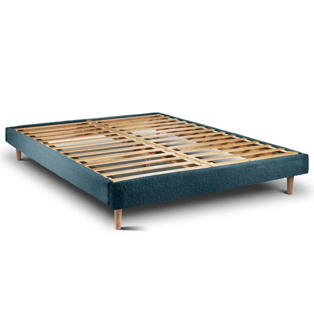 Lit avec tête de lit capitonnee bouclette et sommier kit Bleu