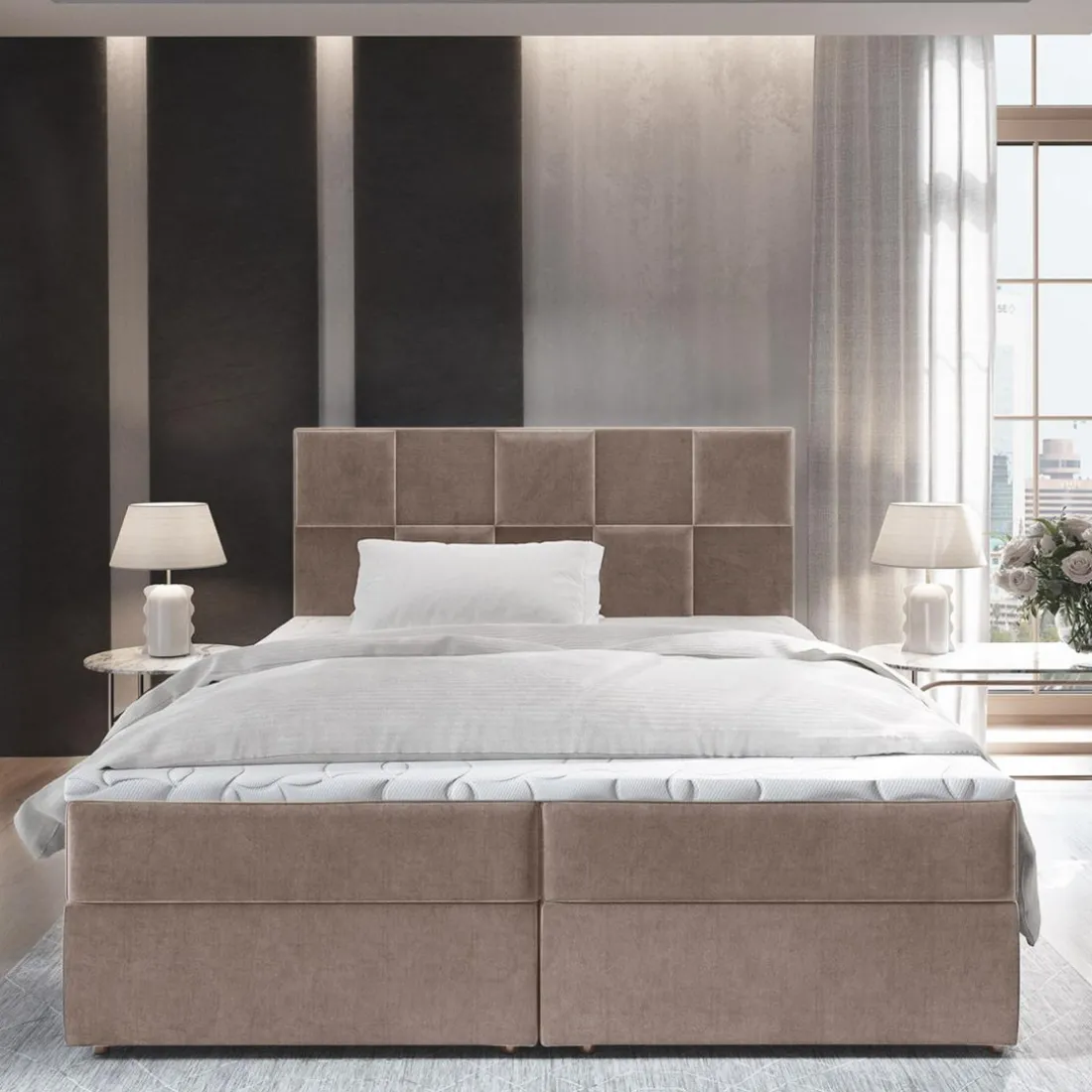 Lit boxspring avec matelas et sur-matelas inclus PRATA 180x220cm Velours Taupe
