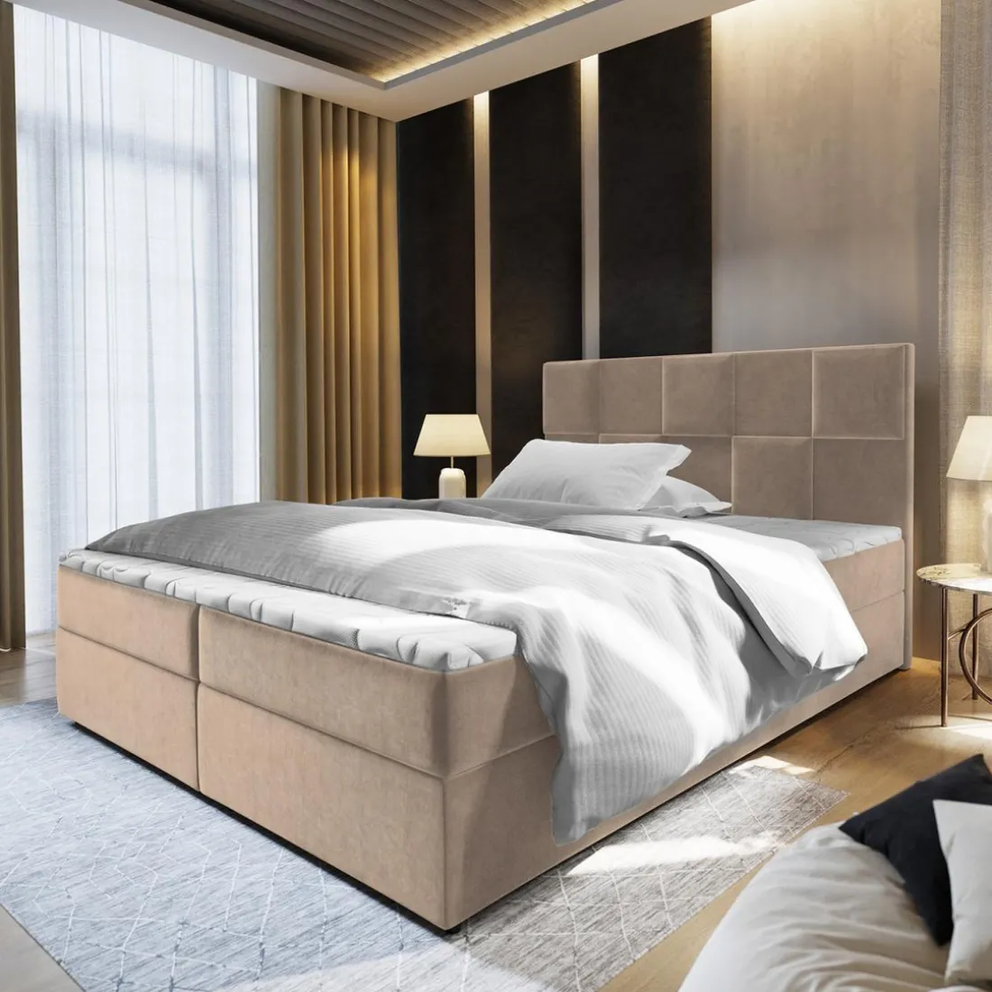 Lit boxspring avec matelas et sur-matelas inclus PRATA 180x220cm Velours Taupe