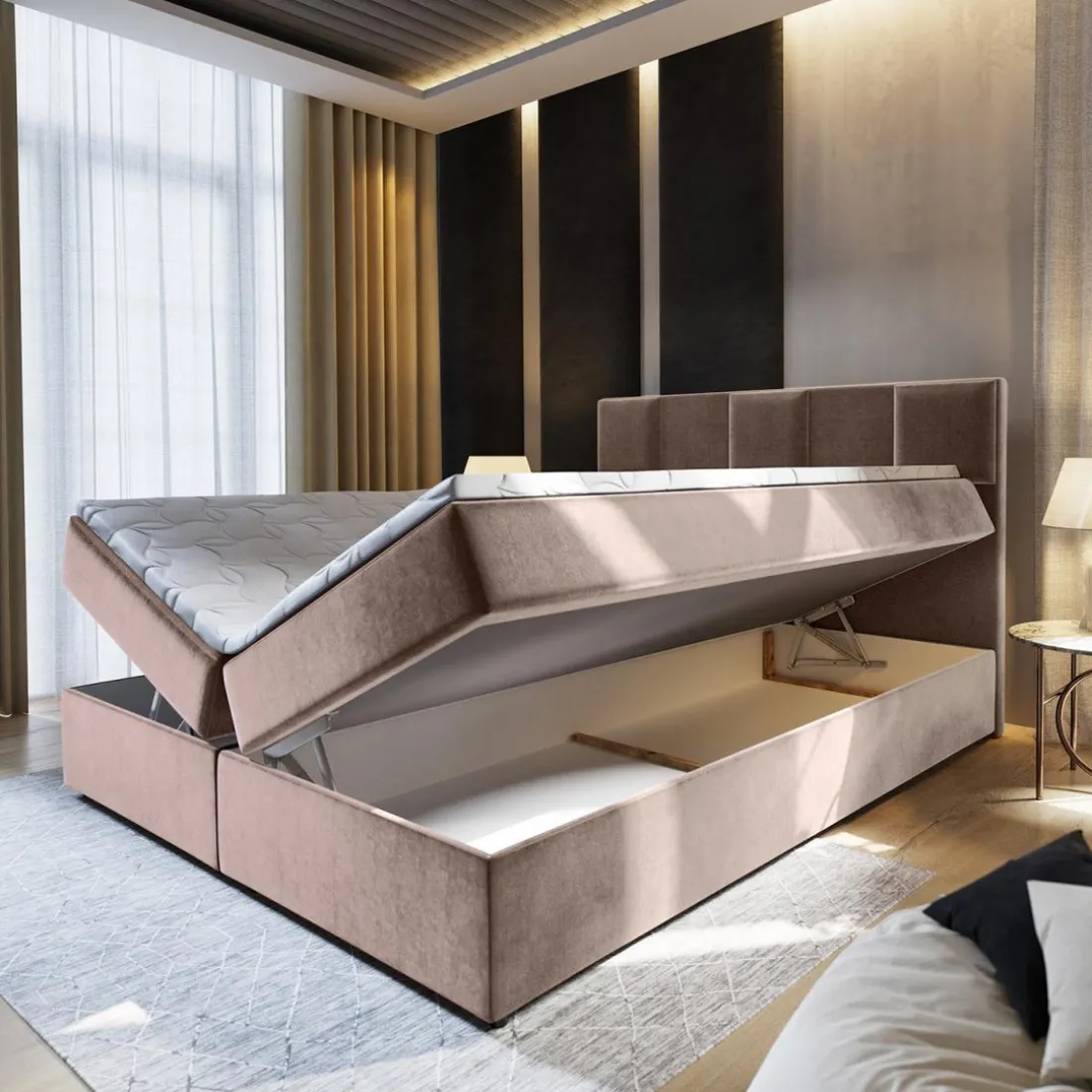 Lit boxspring avec matelas et sur-matelas inclus PRATA 180x220cm Velours Taupe