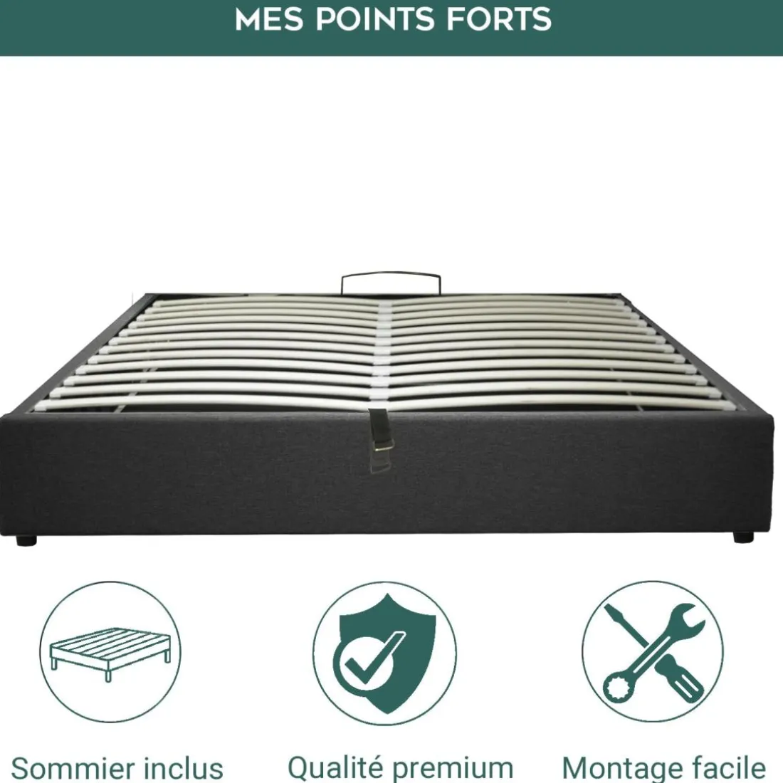 Lit coffre cancun tissu gris fonce