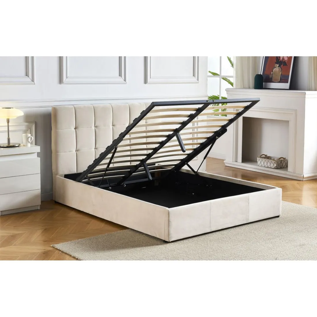 Lit Double LUFTANI Avec Sommier Relevable 160x200cm Velours Beige