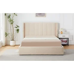 Lit double Magorial avec sommier relevable Tissu Bouclette Crème