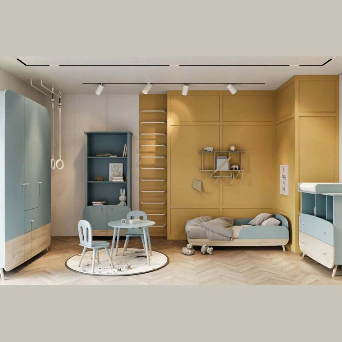 Lit enfant sans barreaux FIRMIANA bleu orage et pin naturel