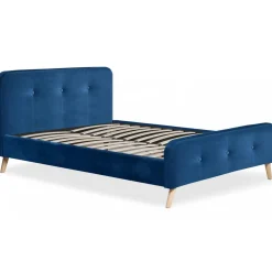 Lit scandinave avec tête de lit et sommier 140x190cm Velours Bleu MERRYN