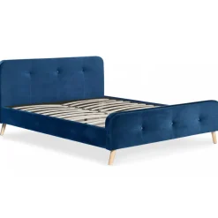 Lit scandinave avec tête de lit et sommier 160x200cm Velours Bleu MERRYN