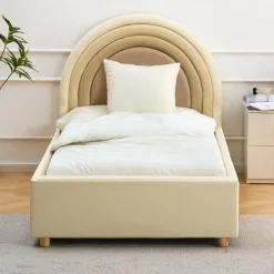 Lit simple avec tête de lit en arche et sommier relevable Bedbow Simili Beige
