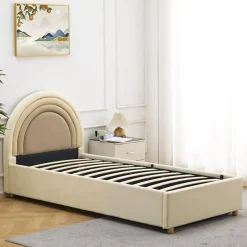 Lit simple avec tête de lit en arche et sommier relevable Bedbow Simili Beige
