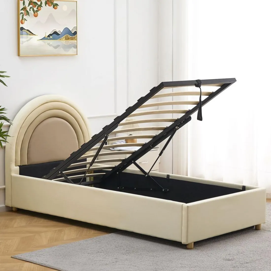 Lit simple avec tête de lit en arche et sommier relevable Bedbow Simili Beige