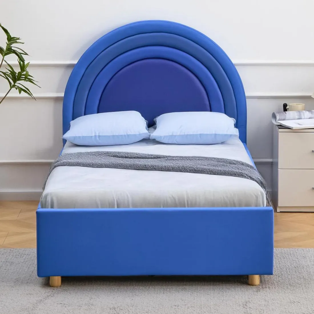 Lit simple avec tête de lit en arche et sommier relevable Bedbow Simili Bleu
