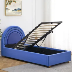 Lit simple avec tête de lit en arche et sommier relevable Bedbow Simili Bleu