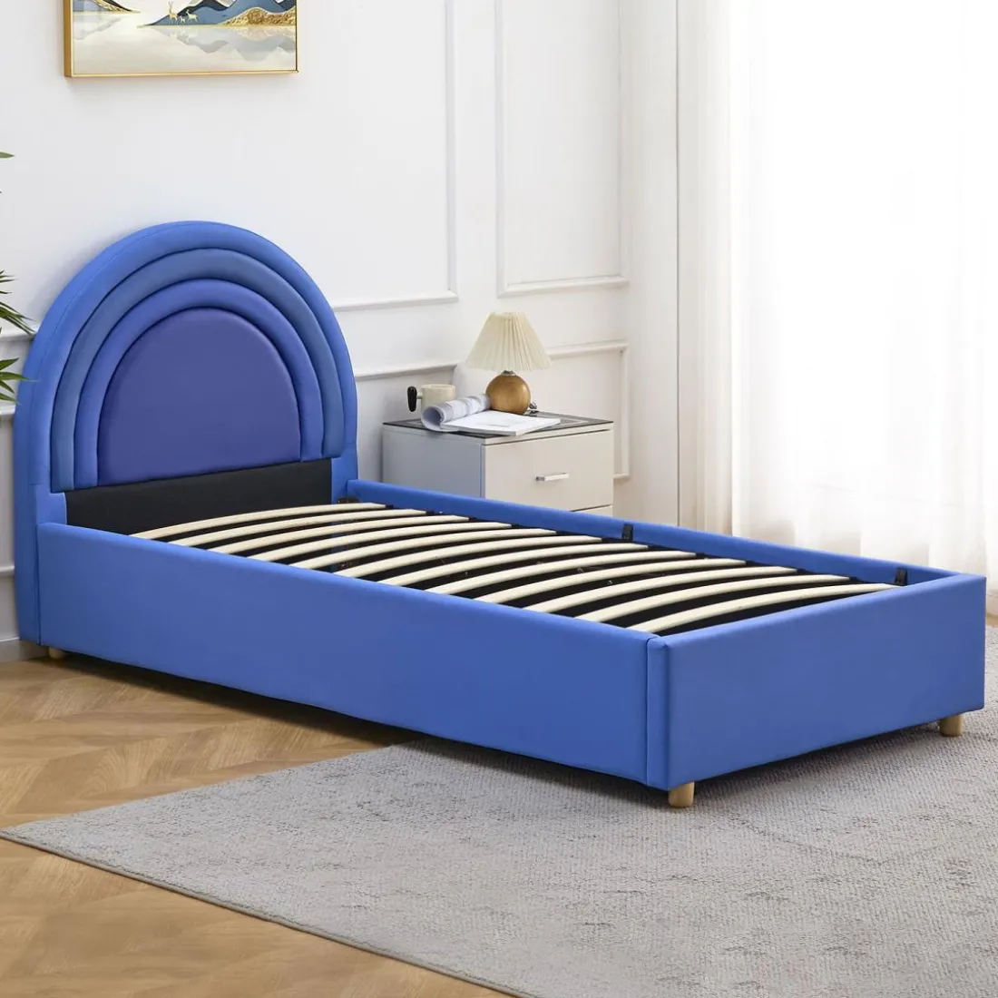 Lit simple avec tête de lit en arche et sommier relevable Bedbow Simili Bleu