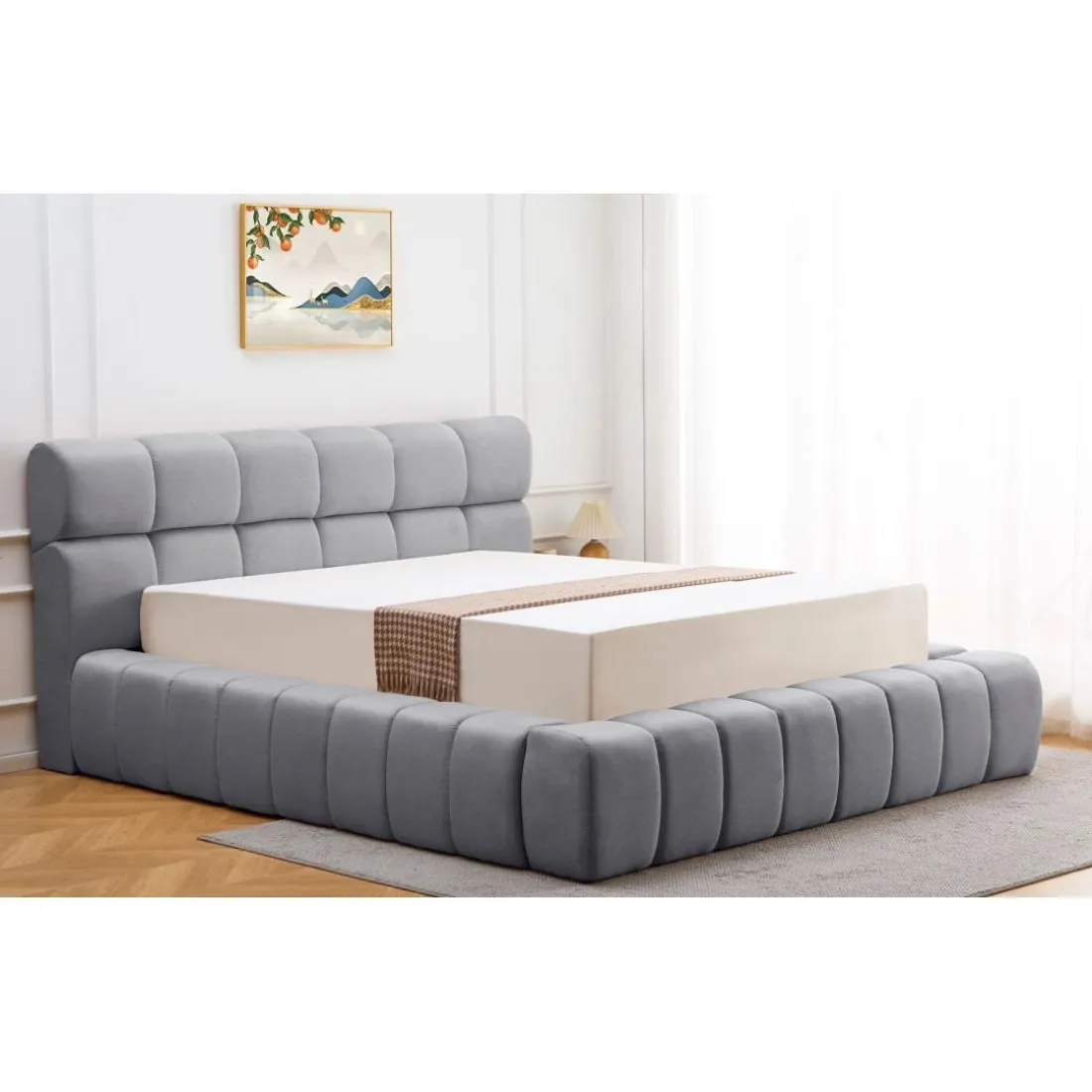 Lit-coffre complet avec rebords matelassés Tissu Gris foncé