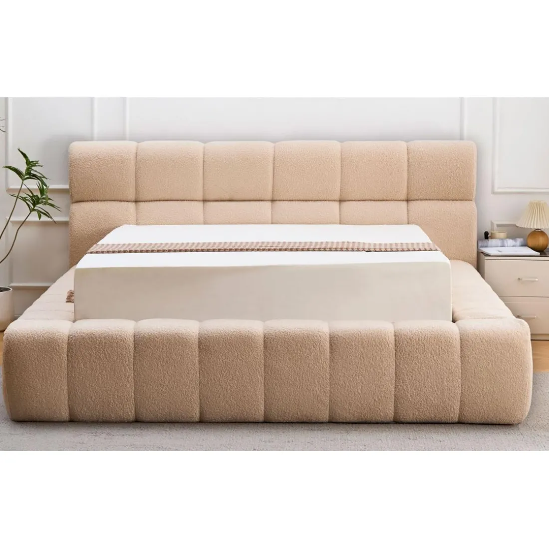 Lit-coffre complet avec rebords matelassés Challow Beige Tissu Bouclette