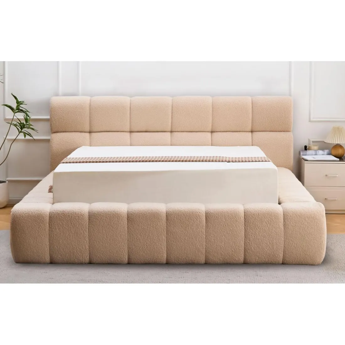 Lit-coffre complet avec rebords matelassés Tissu Bouclette Beige Challow