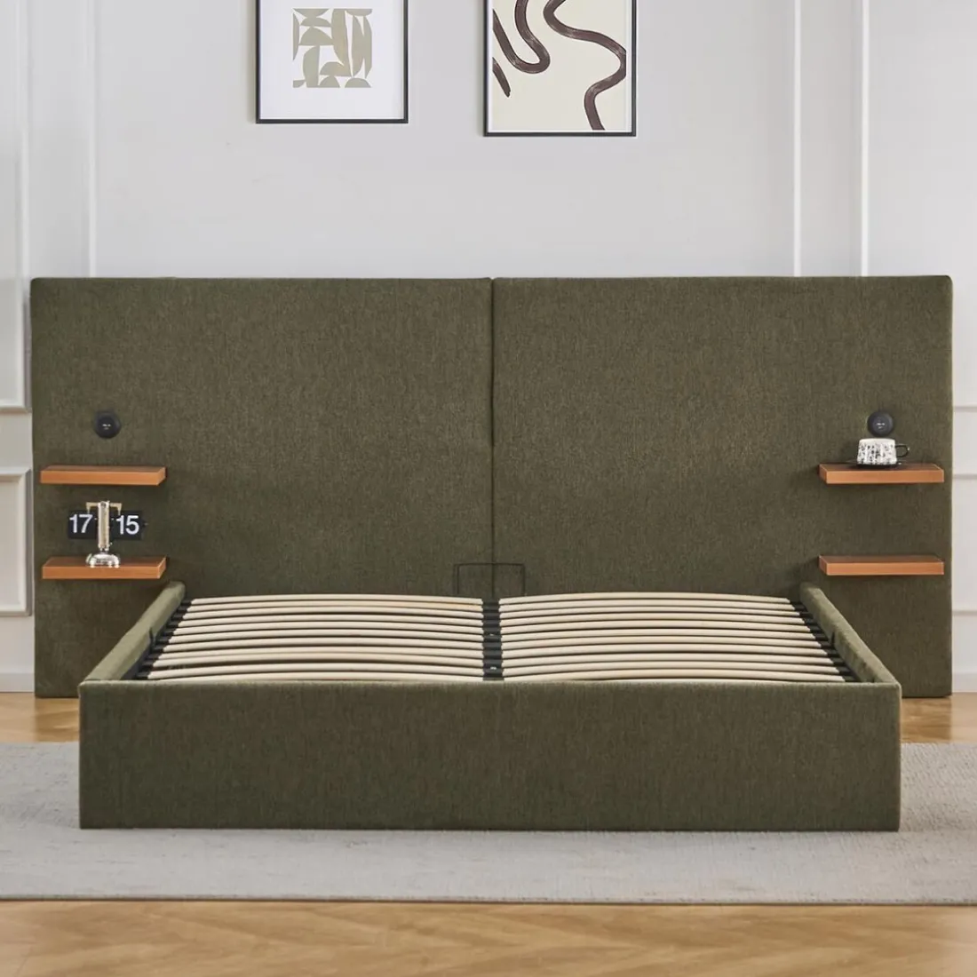 Lit-coffre complet avec tablettes et ports USB intégrés Lukas Tissu Vert