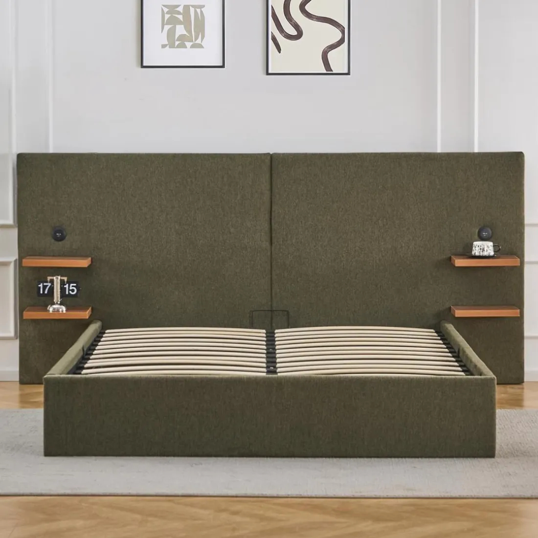 Lit-coffre complet avec tablettes et ports USB intégrés Lukas Tissu Vert