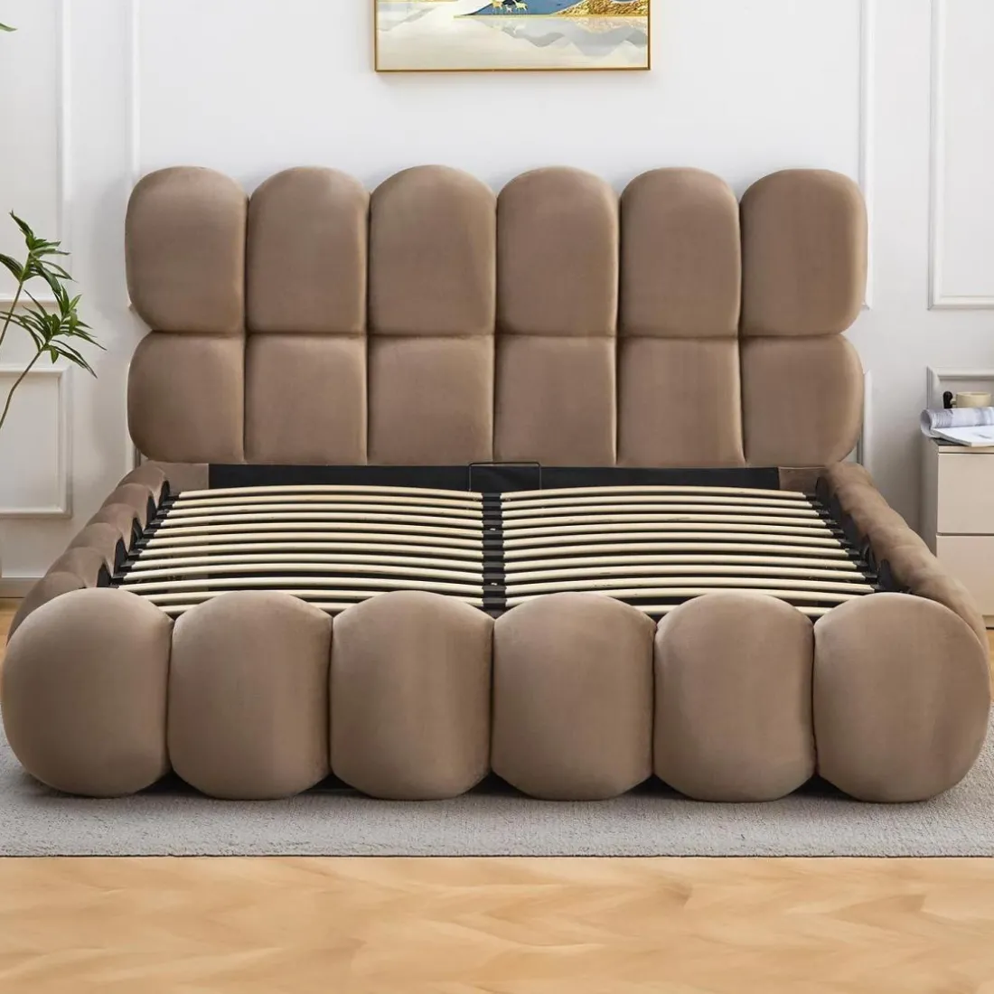 Lit-coffre design Taupe boule Bilbola avec sommier relevable Velours