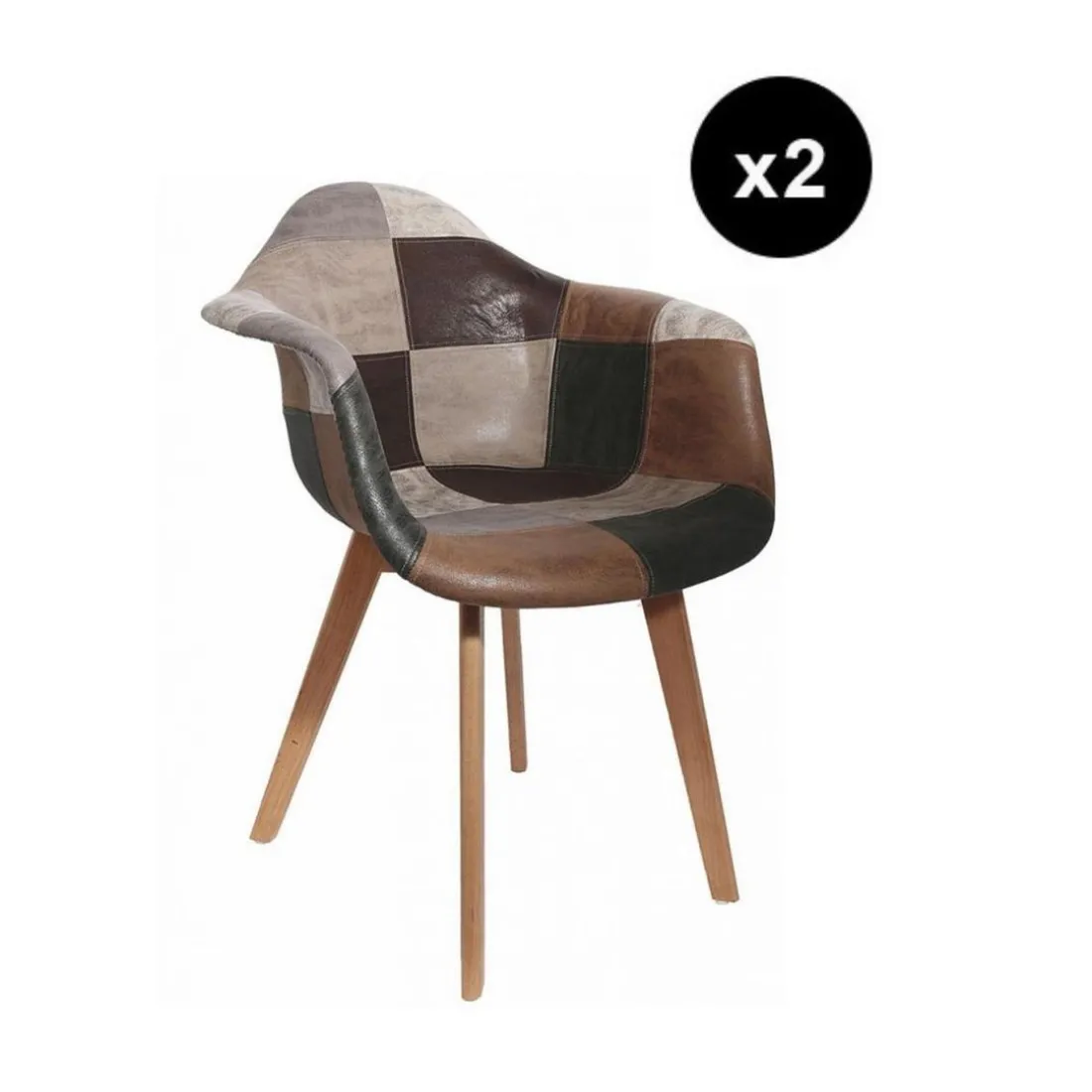 Lot de 2 Chaise Scandinave avec Accoudoir Patchwork Marron FJORD
