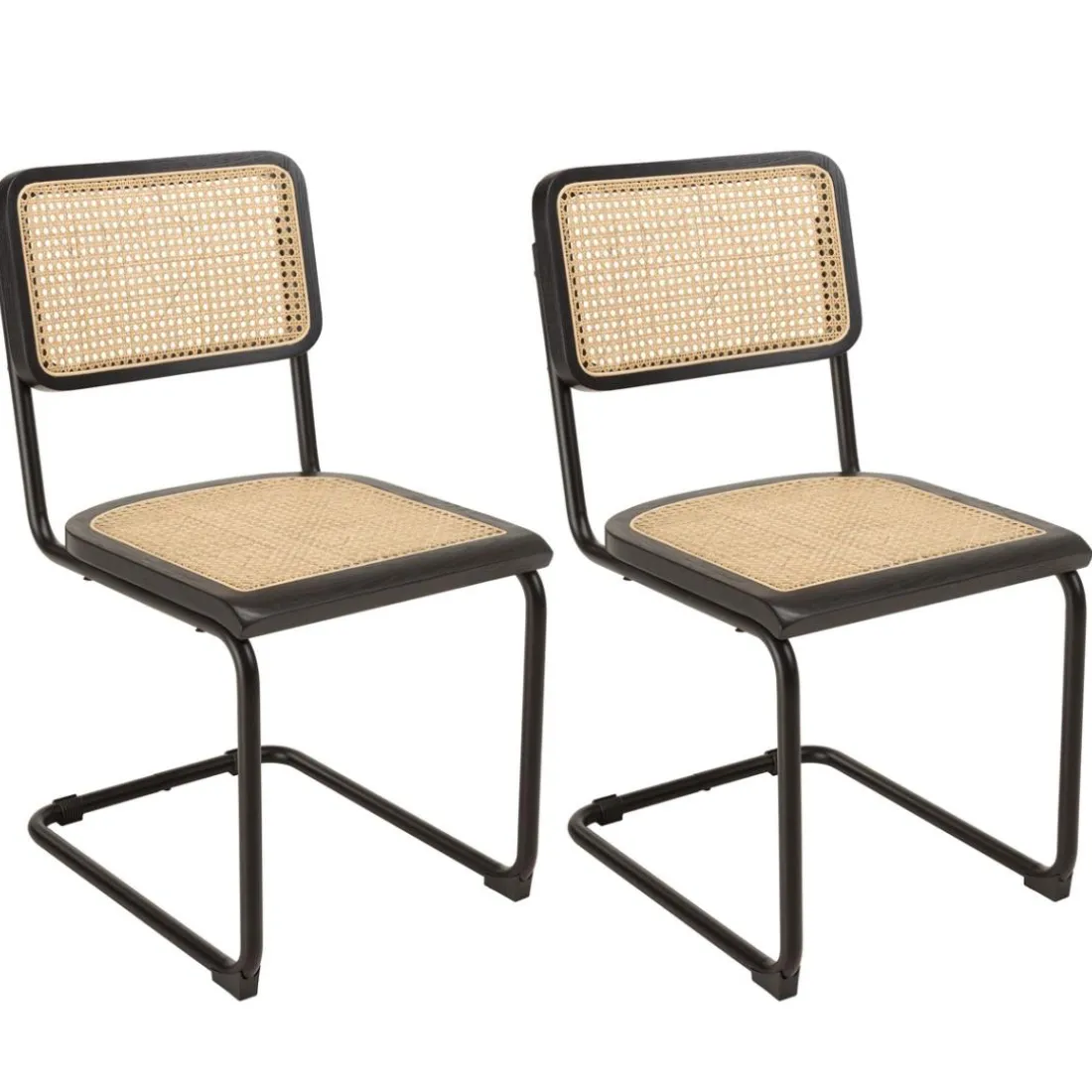 Lot de 2 chaises assise bois noir rotin naturel pieds métal PIERRE