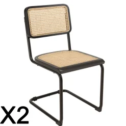 Lot de 2 chaises assise bois noir rotin naturel pieds métal PIERRE