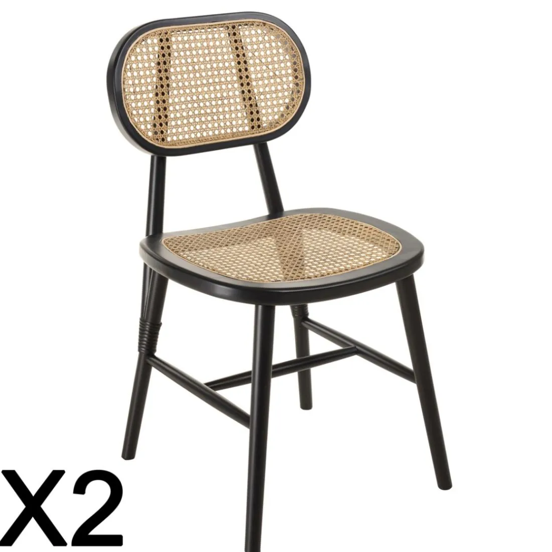 Lot de 2 chaises bois noir, assise et dossier en rotin naturel PIERRE