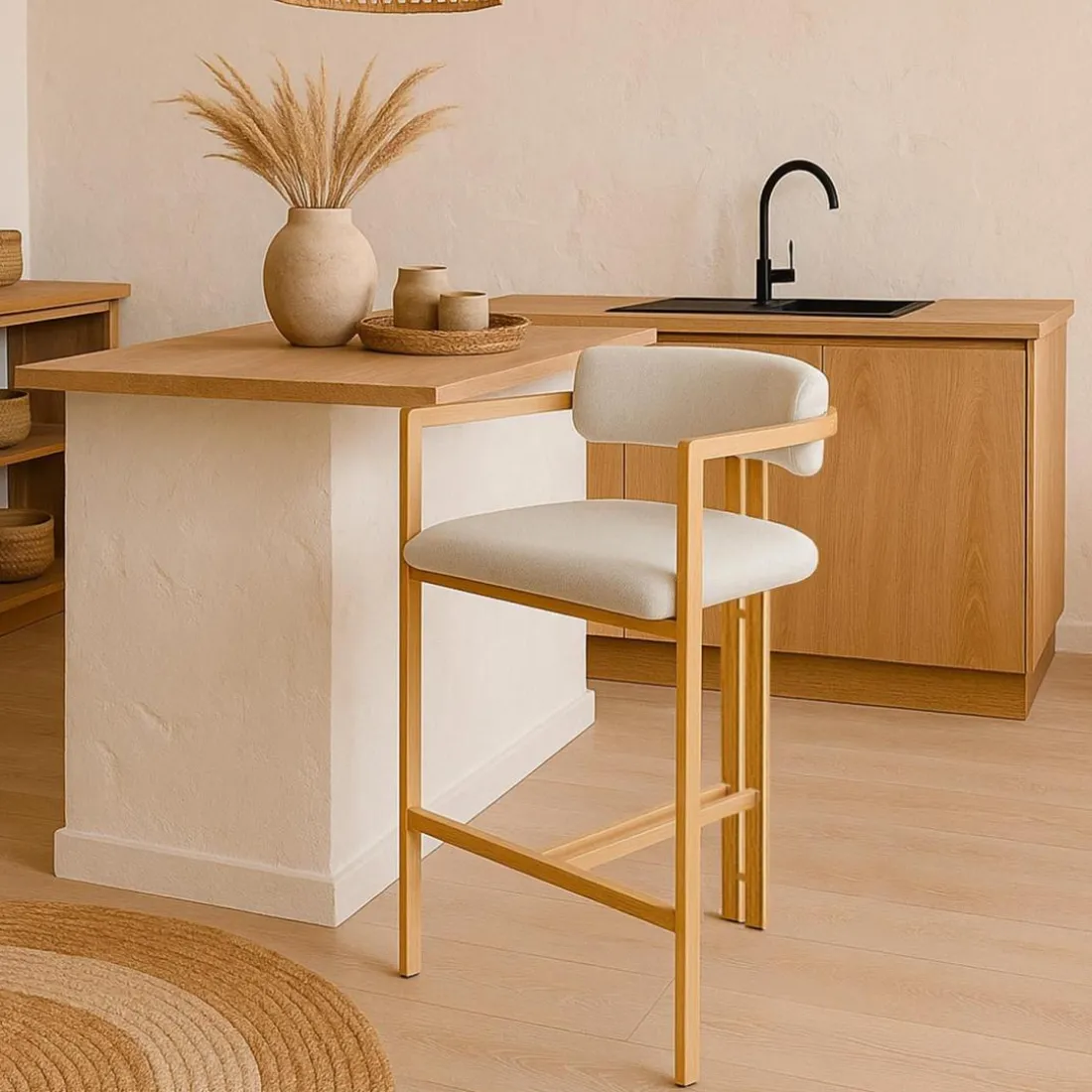 Lot de 2 chaises de bar design Galilea Métal Effet bois clair et Tissu Beige