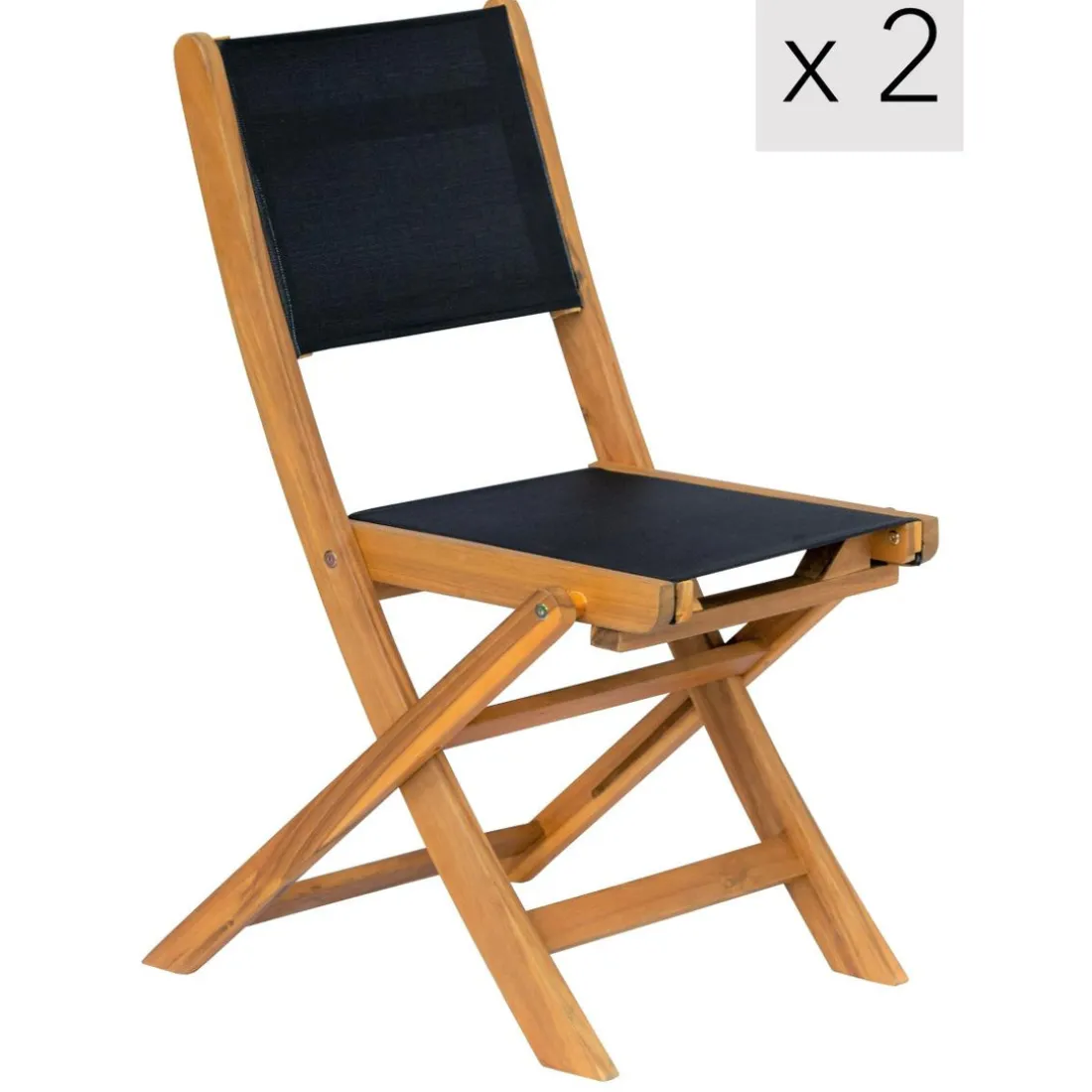 Lot de 2 chaises de jardin en acacia massif et textilene Noir