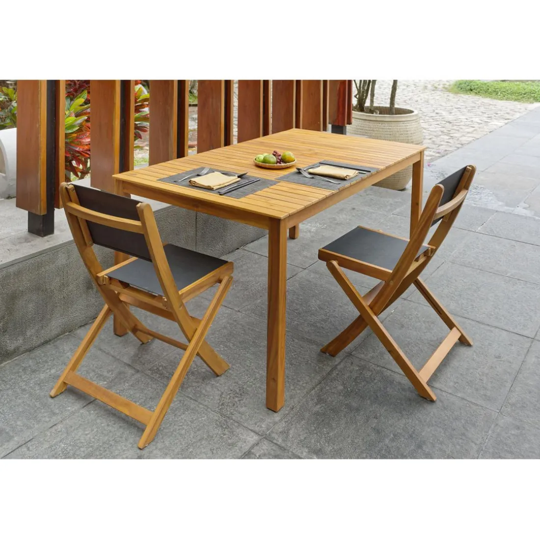 Lot de 2 chaises de jardin en acacia massif et textilene Noir