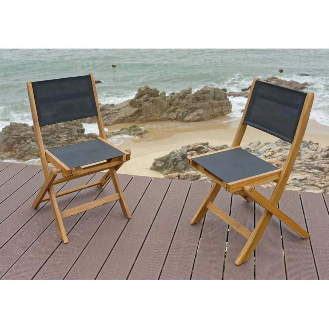 Lot de 2 chaises de jardin en acacia massif et textilene Noir