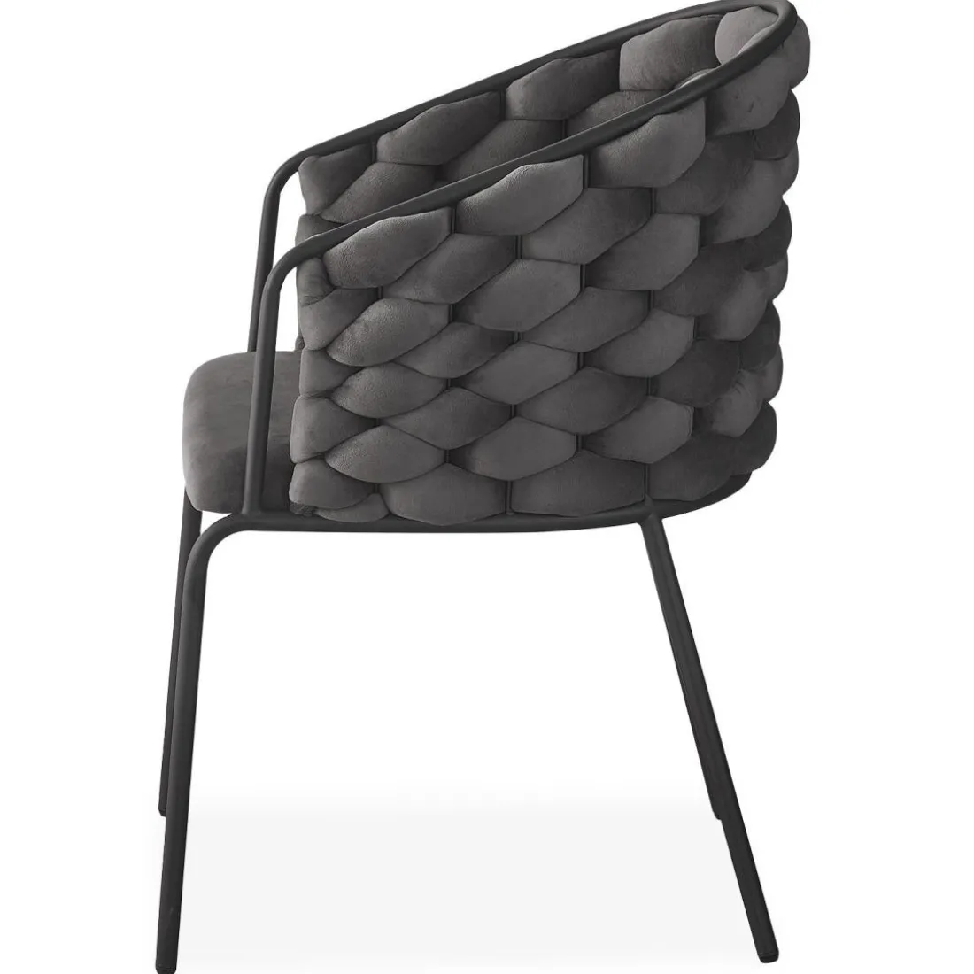 Lot de 4 chaises design au dossier arrondi style maillage Tricotane Velours Gris et Métal Noir