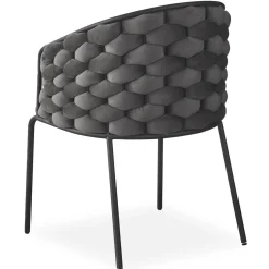 Lot de 4 chaises design au dossier arrondi style maillage Tricotane Velours Gris et Métal Noir