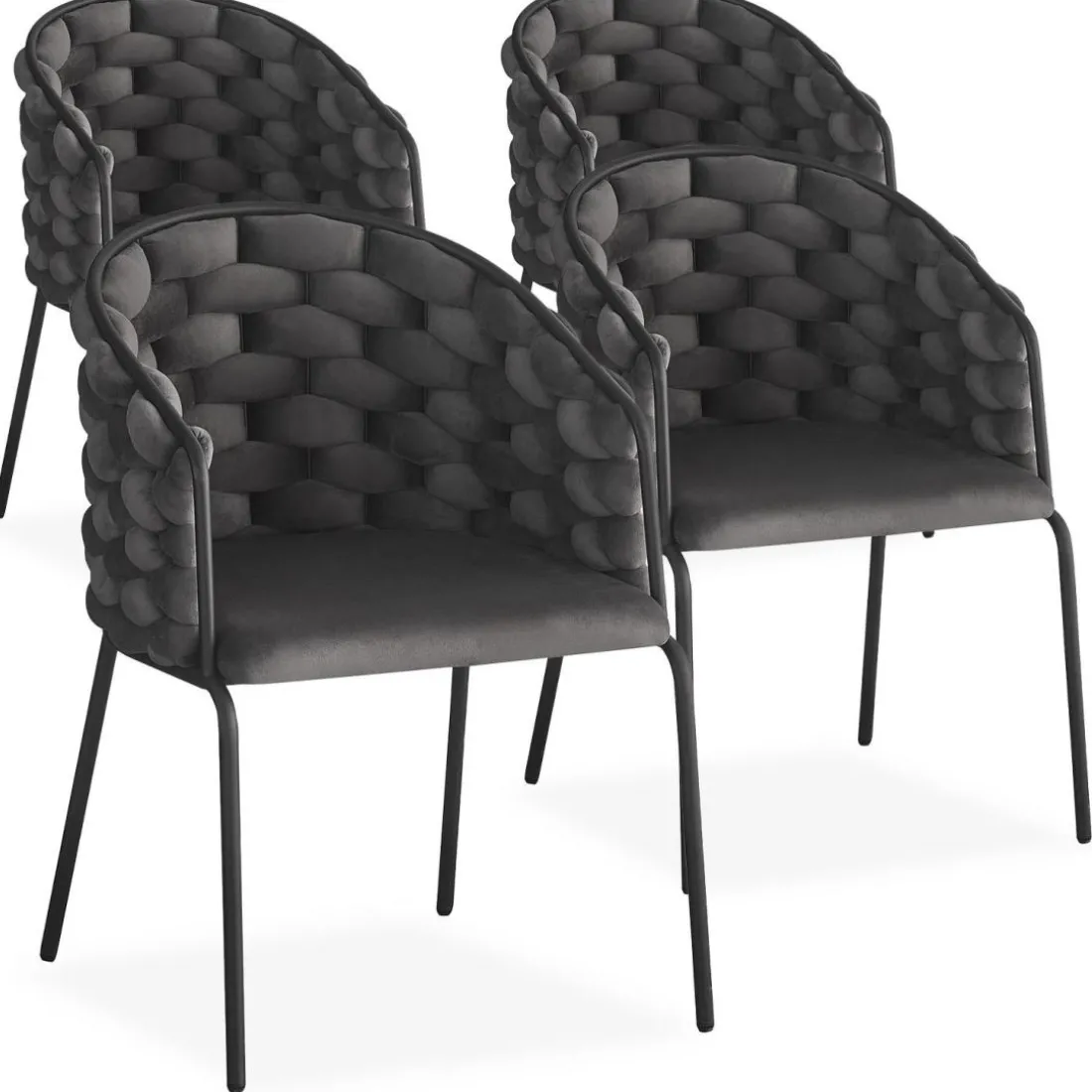 Lot de 4 chaises design au dossier arrondi style maillage Tricotane Velours Gris et Métal Noir