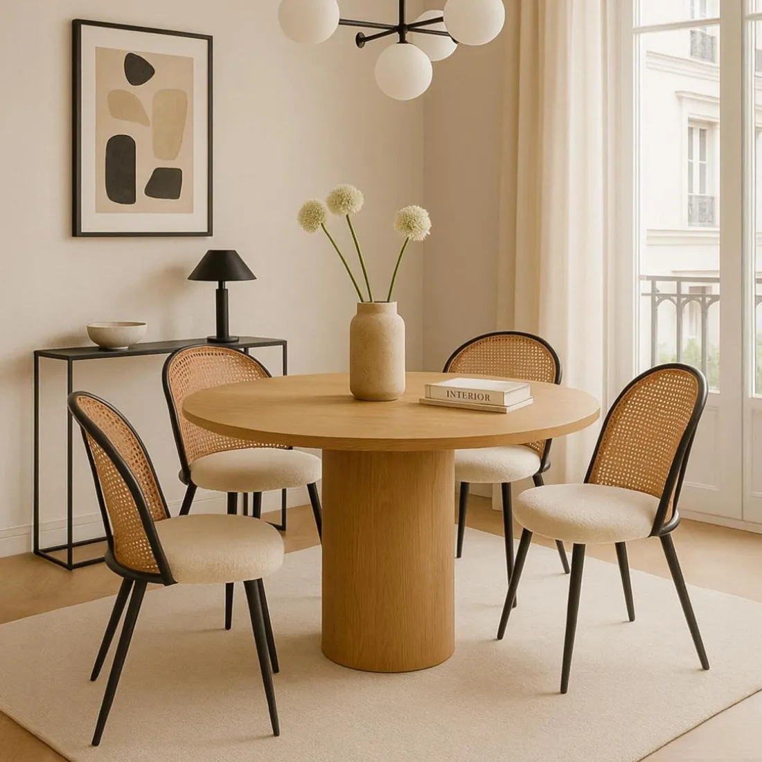 Lot de 8 chaises design Showan avec cannage Rotin et Tissu bouclette Crème