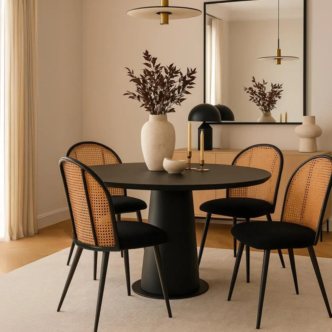 Lot de 8 chaises design Showan avec cannage Rotin et Tissu bouclette Noir