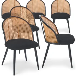 Lot de 6 chaises design Showan avec cannage Rotin et Tissu bouclette Noir