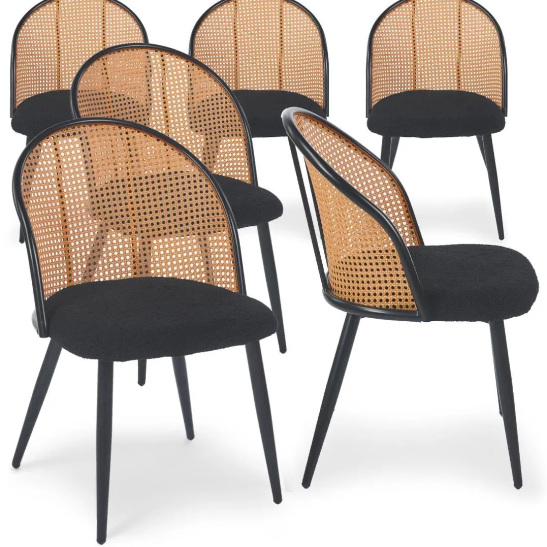 Lot de 6 chaises design Showan avec cannage Rotin et Tissu bouclette Noir