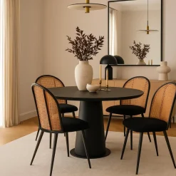 Lot de 6 chaises design Showan avec cannage Rotin et Tissu bouclette Noir