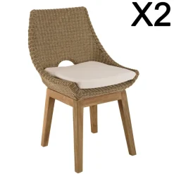 Lot de 2 chaises jardin rotin synthé. et coussin, pieds droits KALLY