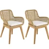 Lot de 2 fauteuils jardin teck rotin synthétique et coussin blanc VALERIA